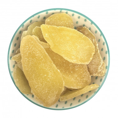 Zenzero disidratato senza zucchero cristallizzato (con zucchero a velo) a fette