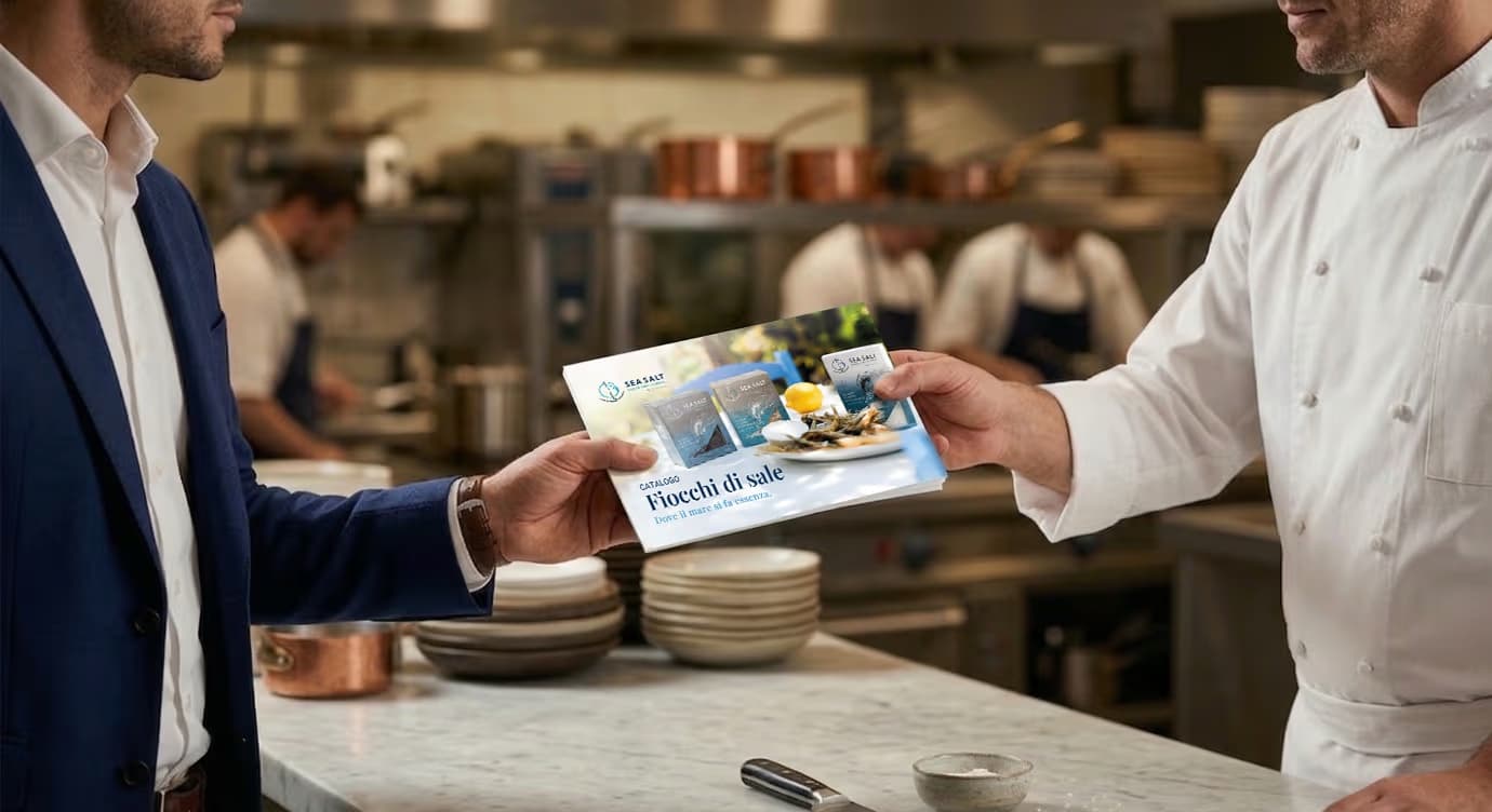 Agente di commercio consegna il catalogo dei fiocchi di sale a uno chef nella cucina di un ristorante