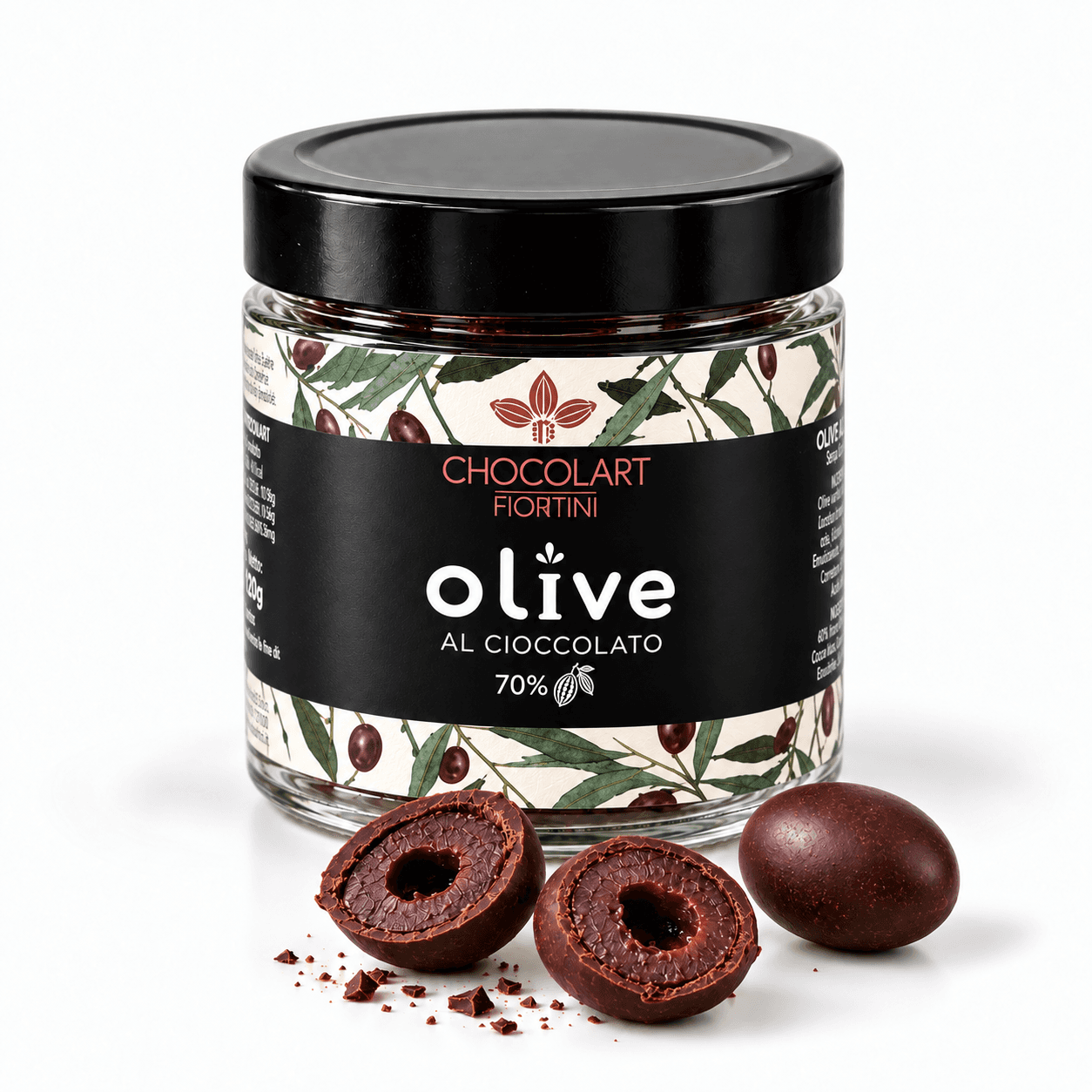 Olive candite ricoperte al cioccolato extra fondente - 120 g