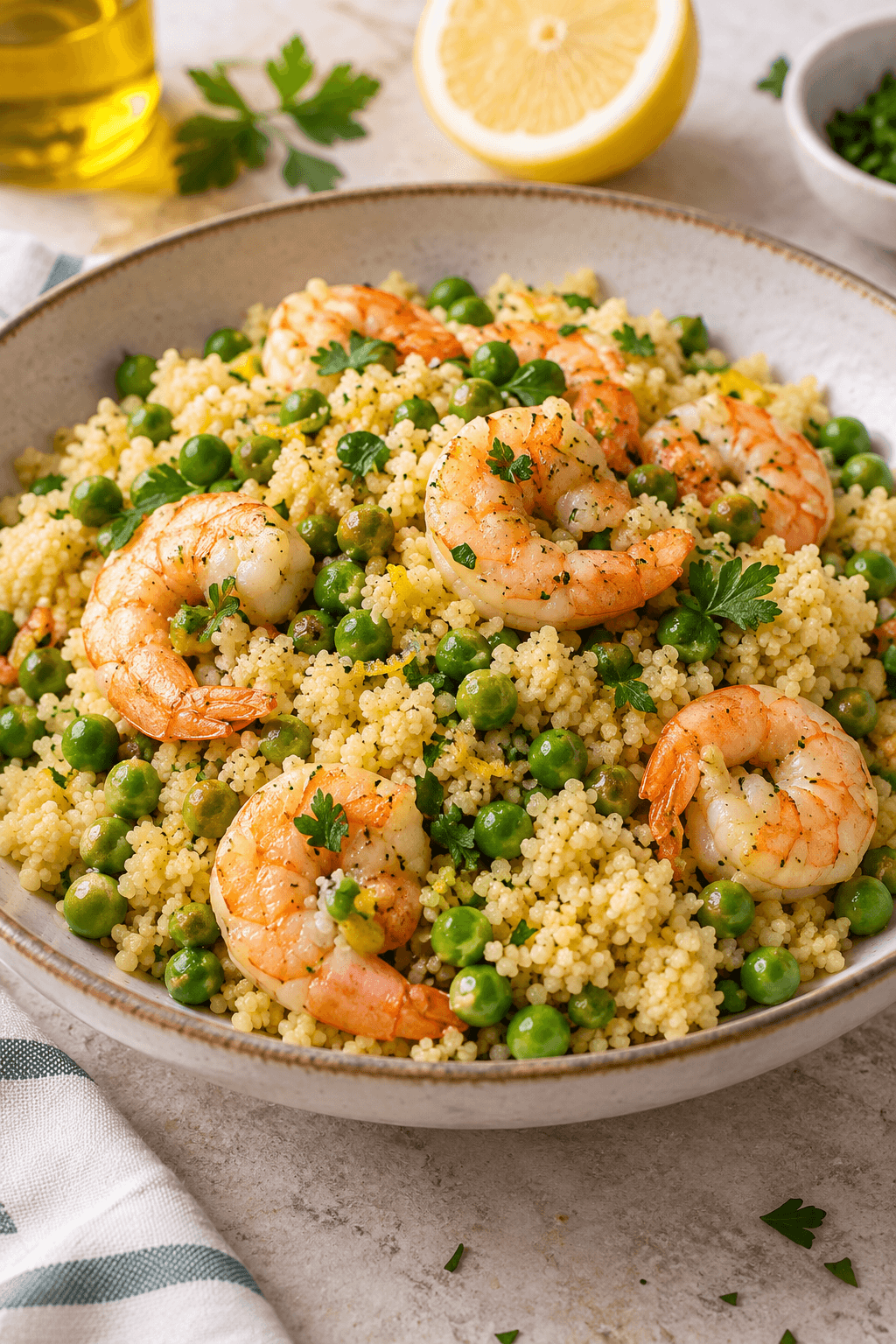 Couscous con piselli e gamberi