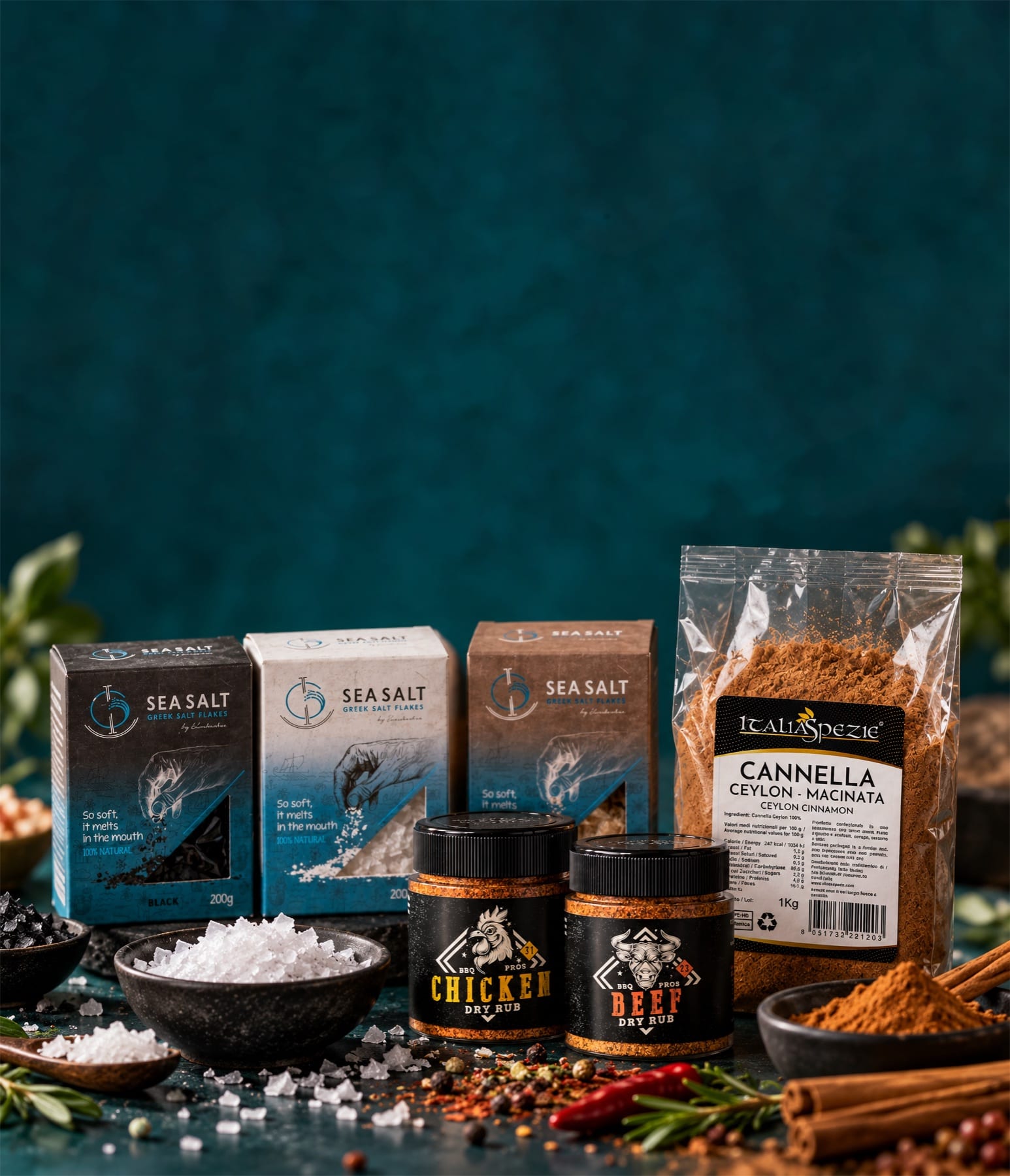 Greek Salt Flakes, Barbecue Dry Rubs e cannella Ceylon Italia Spezie tra spezie e sale in fiocchi