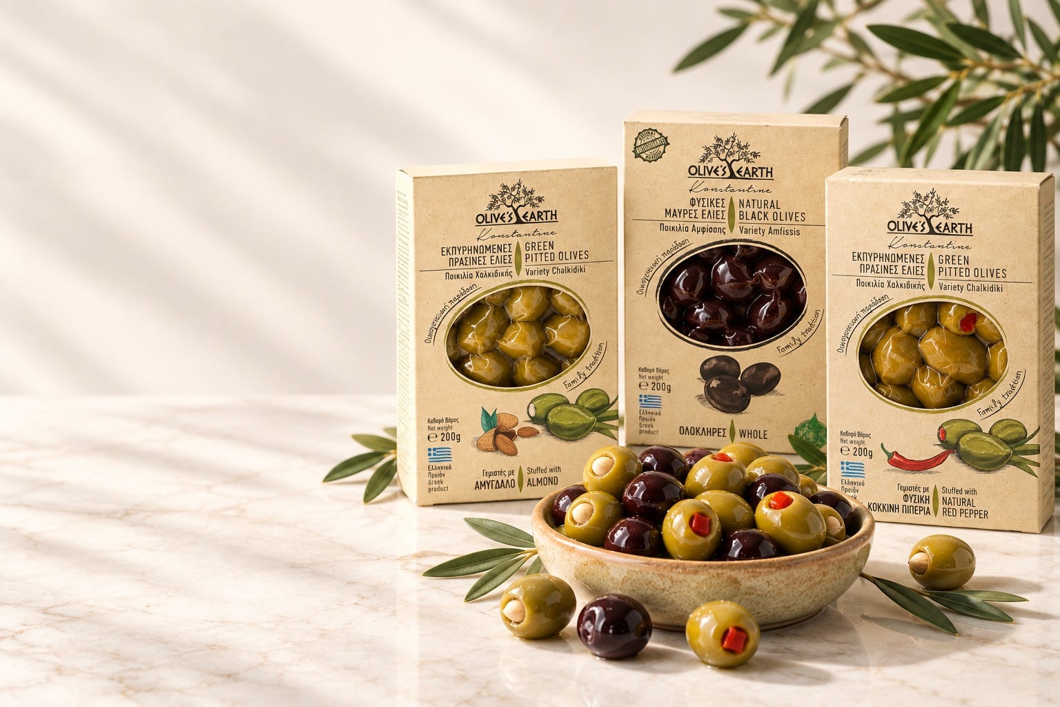 Confezioni di olive greche Olive’s Earth con una ciotola di olive ripiene e Kalamata