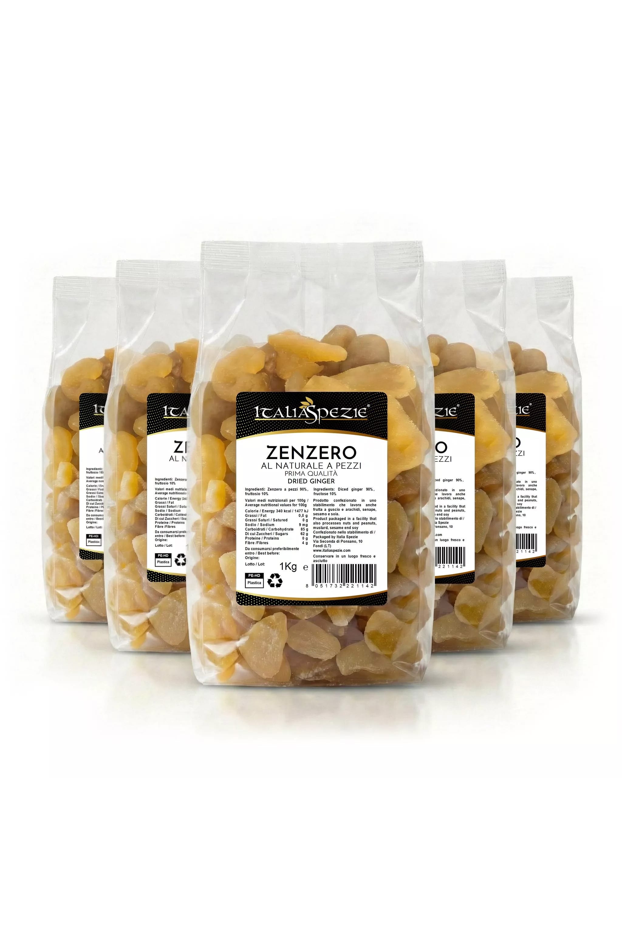 Zenzero Disidratato Senza Zucchero cristallizzato a Pezzi 100% Naturale - Prima Qualità | Pacchetto da 5