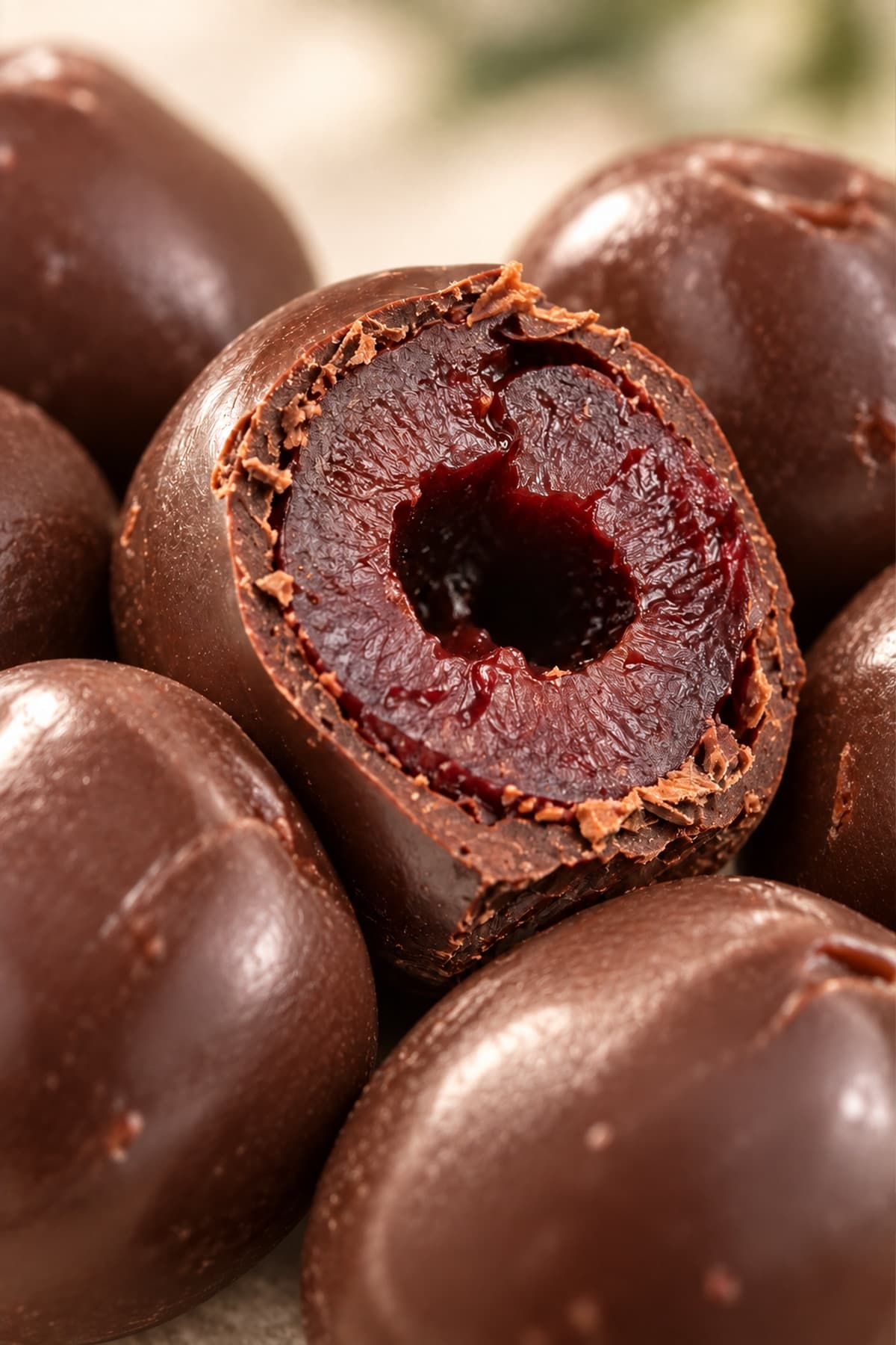 Oliva al cioccolato tagliata a metà: la polpa candita sotto la copertura fondente