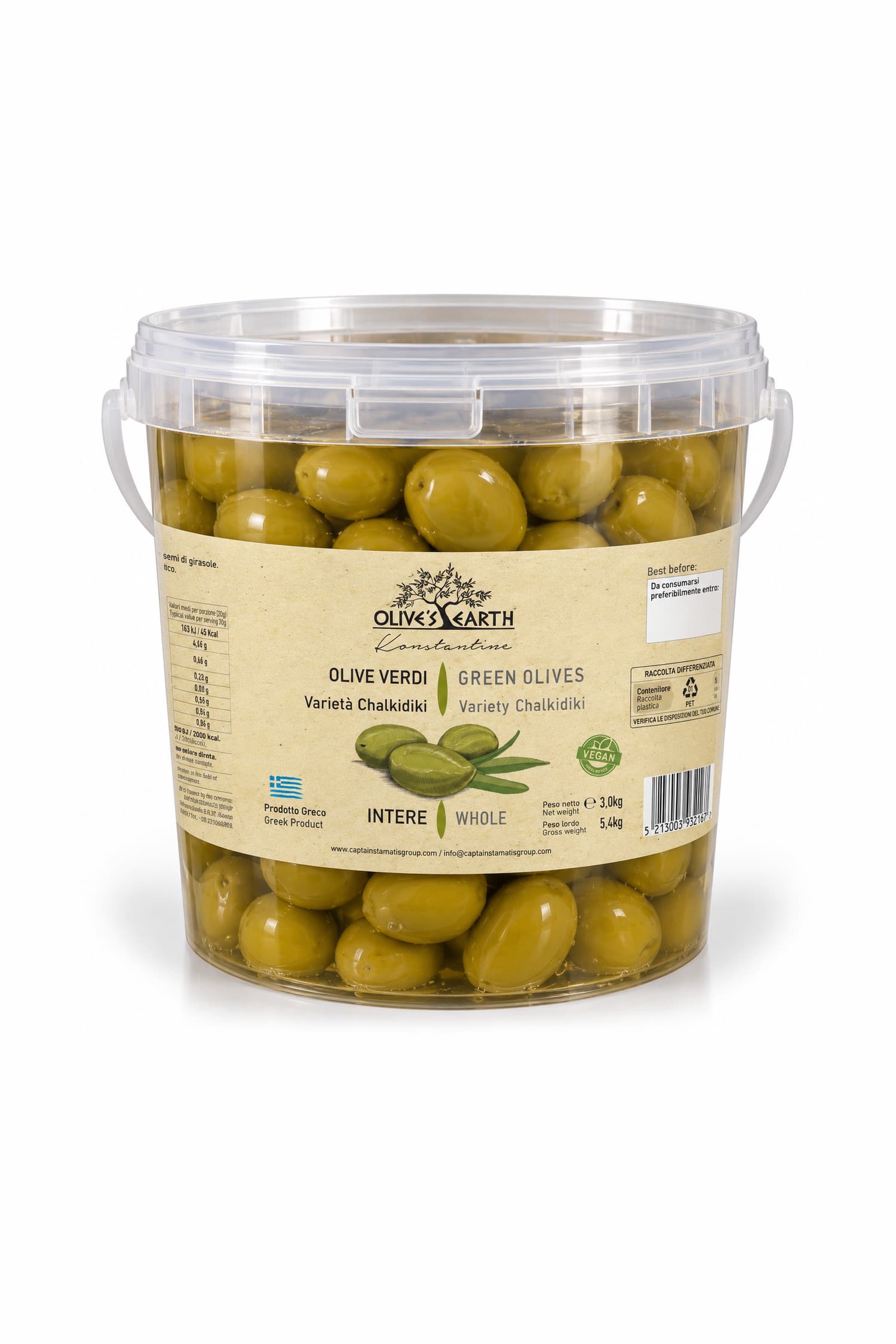 Secchiello da 3 kg di olive verdi intere Olive’s Earth