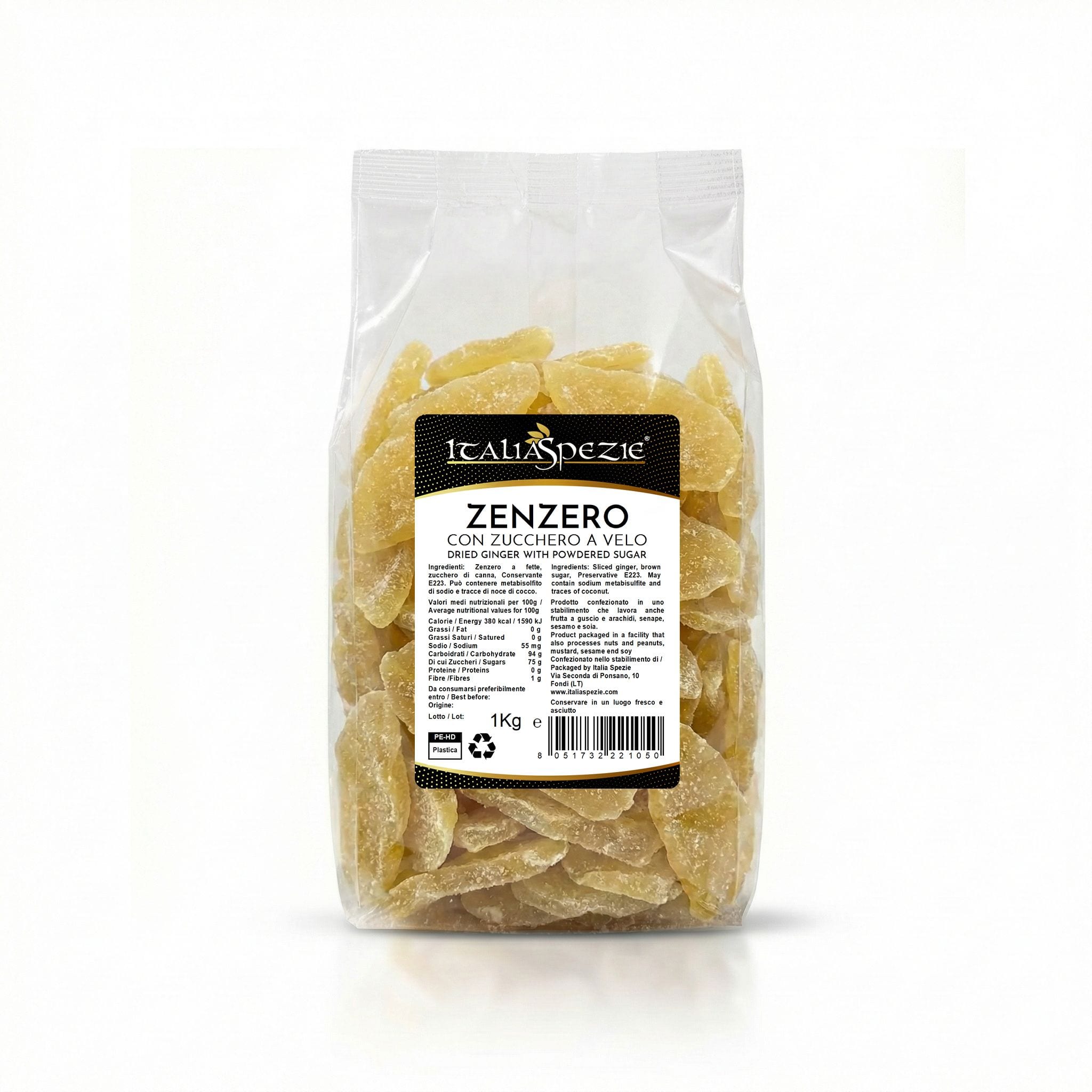 Zenzero Disidratato Senza Zucchero Cristallizzato (Con Zucchero a Velo) a Fette