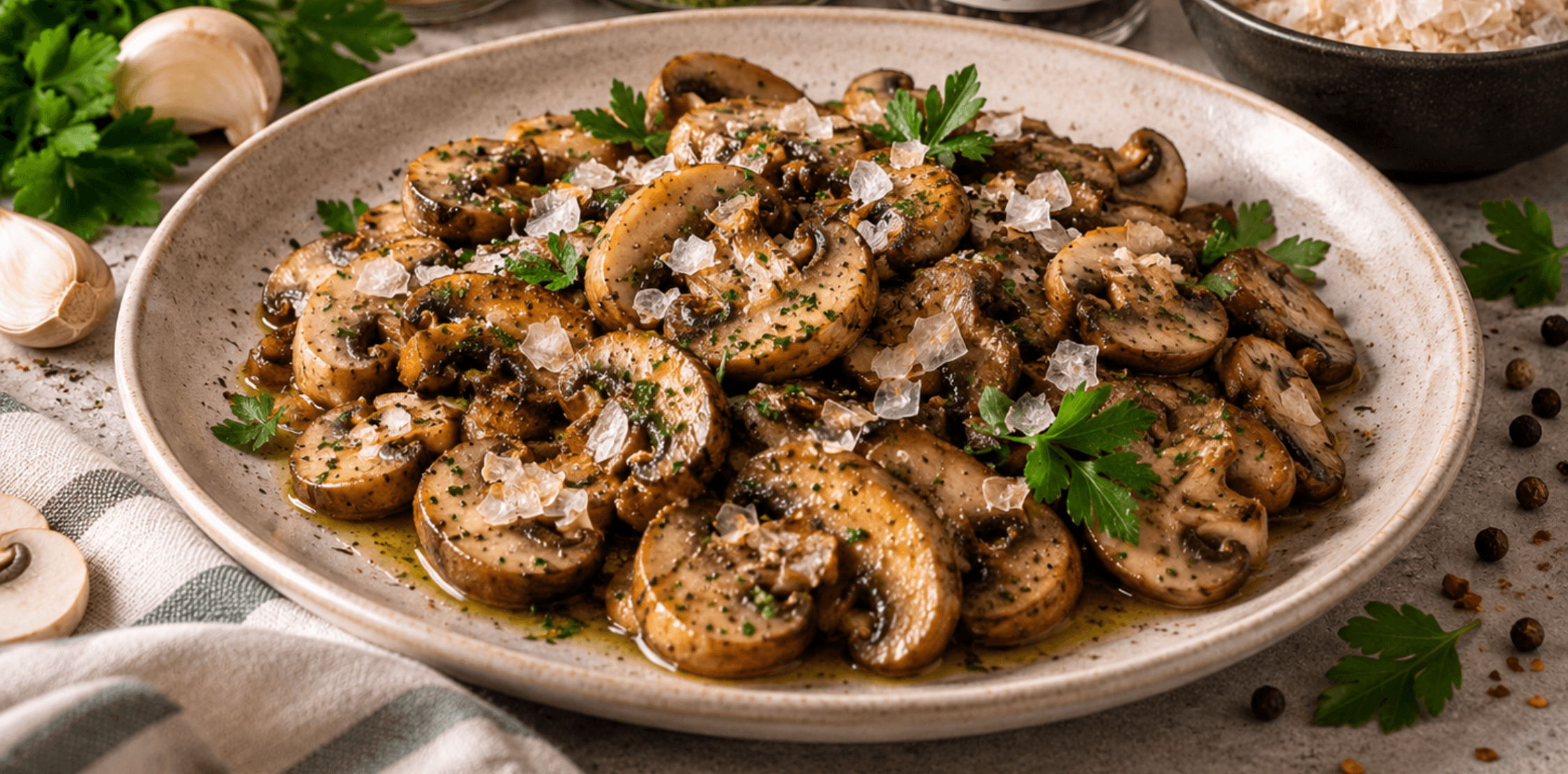 Funghi trifolati con aglio, prezzemolo e pepe nero